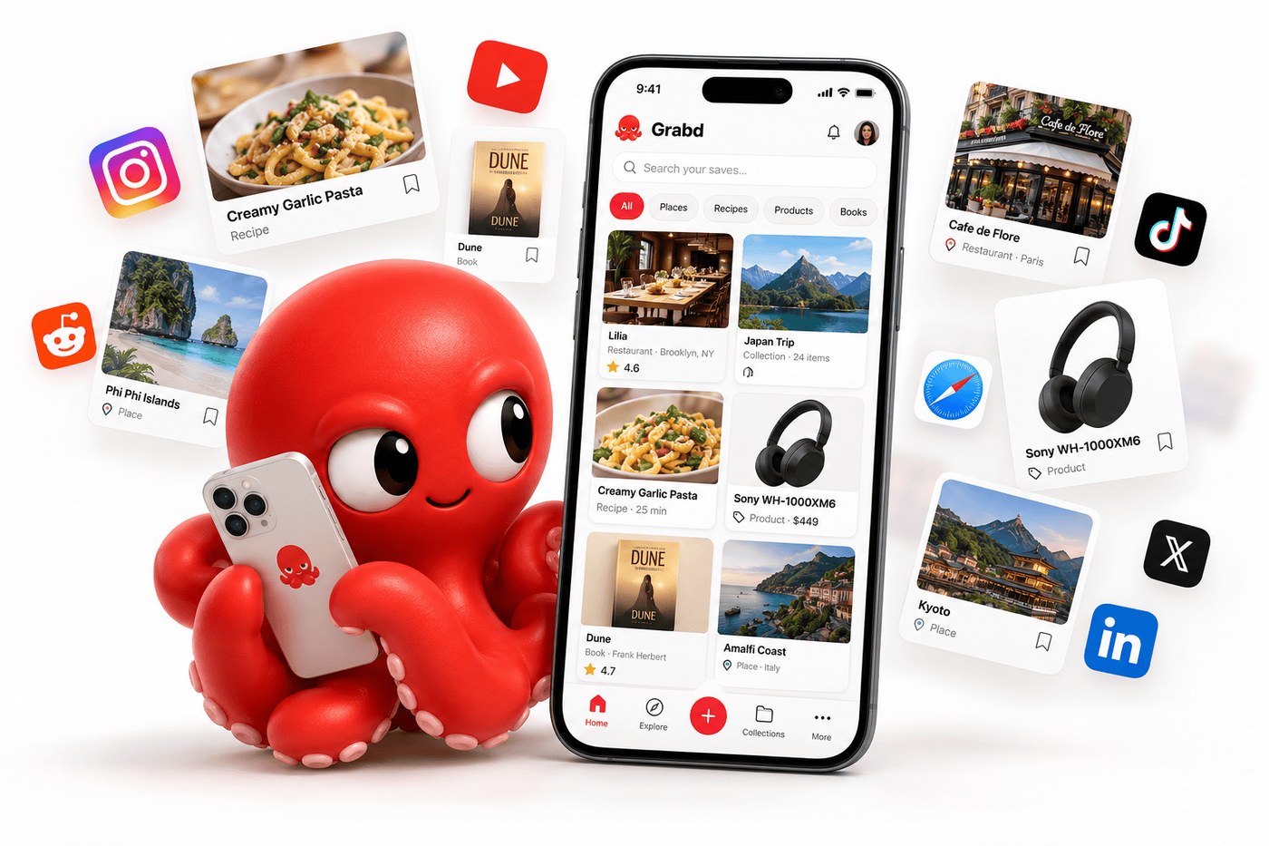 The Grabd octopus holding an iPhone. Around it float saved cards: a restaurant in Paris, a pasta recipe, a book, a pair of headphones with a price, and a holiday photo.
