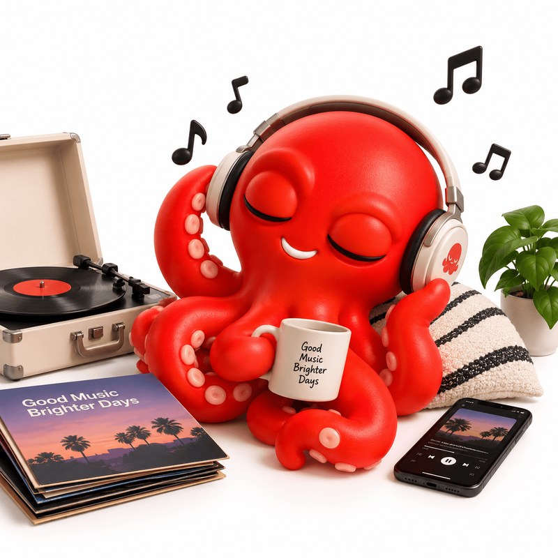 The Grabd octopus wearing headphones, relaxing with a record player and a stack of albums.