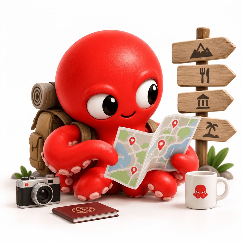 The Grabd octopus with a backpack and camera, reading a map covered in pins.