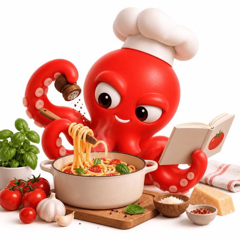 The Grabd octopus in a chef's hat, stirring a pot of pasta while reading a cookbook.