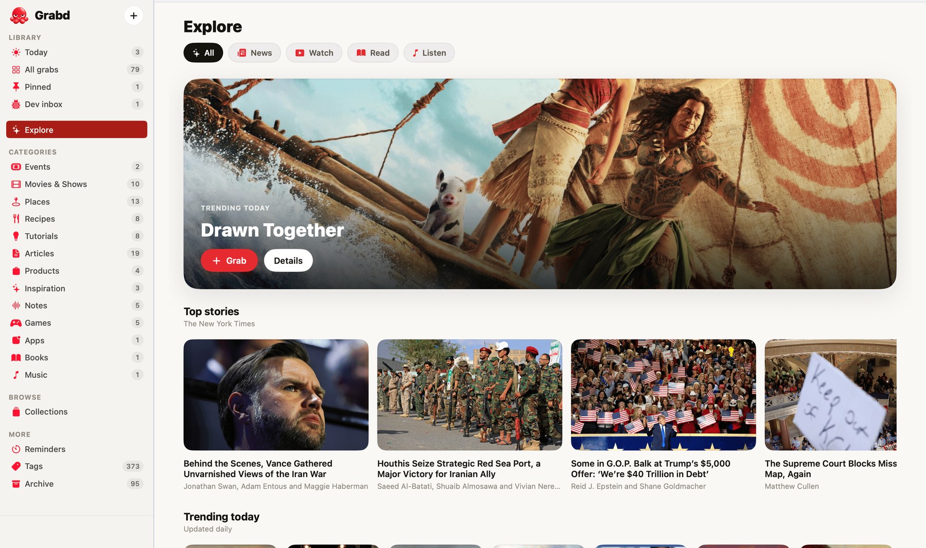Grabd on a Mac: a sidebar listing categories like Places, Recipes and Books, beside the Explore feed.