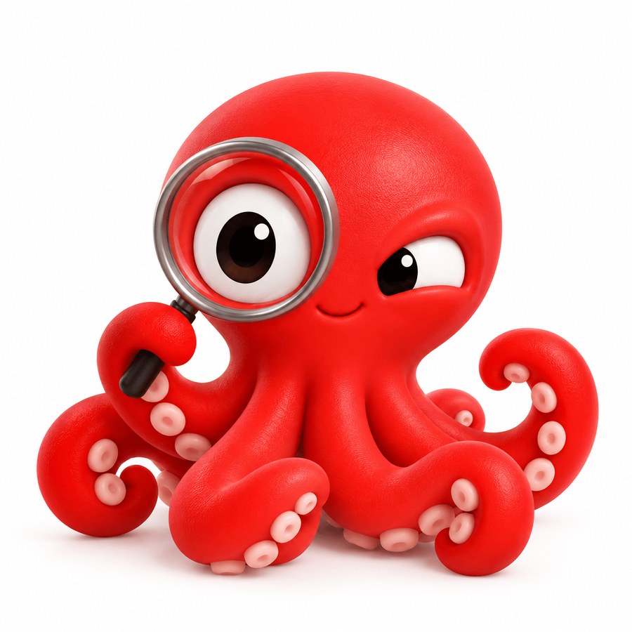 The Grabd octopus peering through a magnifying glass.