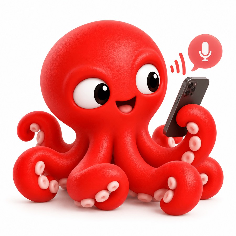The Grabd octopus speaking into a phone, with a microphone symbol above it.